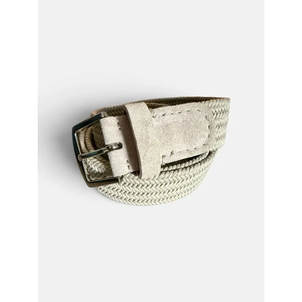NWOT Loro Piana - 3.5cm Suede-Trimmed Woven Cotton Belt - Neutrals $380 size 38